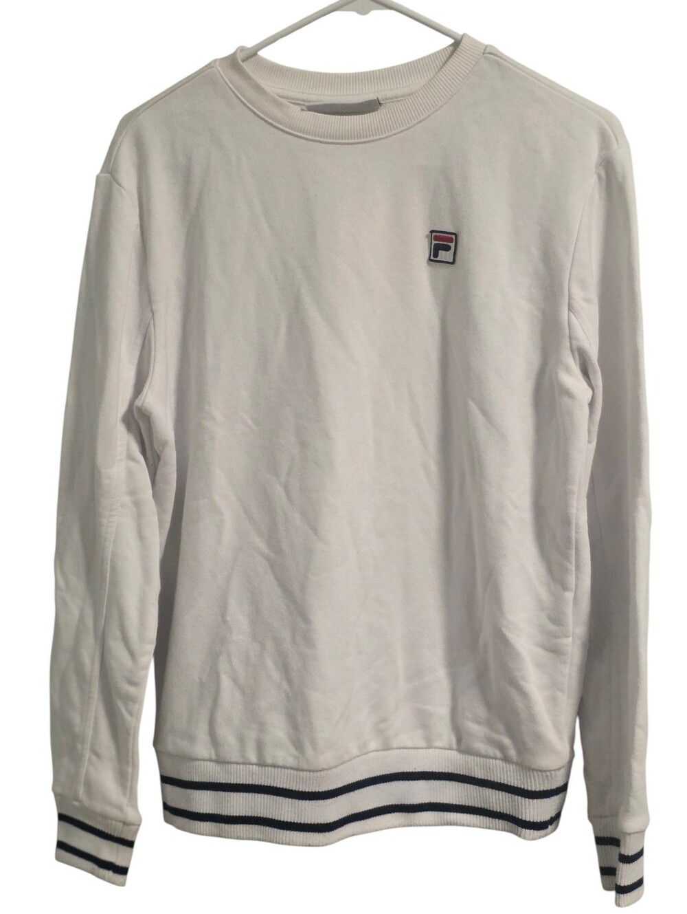 Fila White Logo Crewneck Sweatshirt Navy Striped Hem And Cuffs EUC Size Small